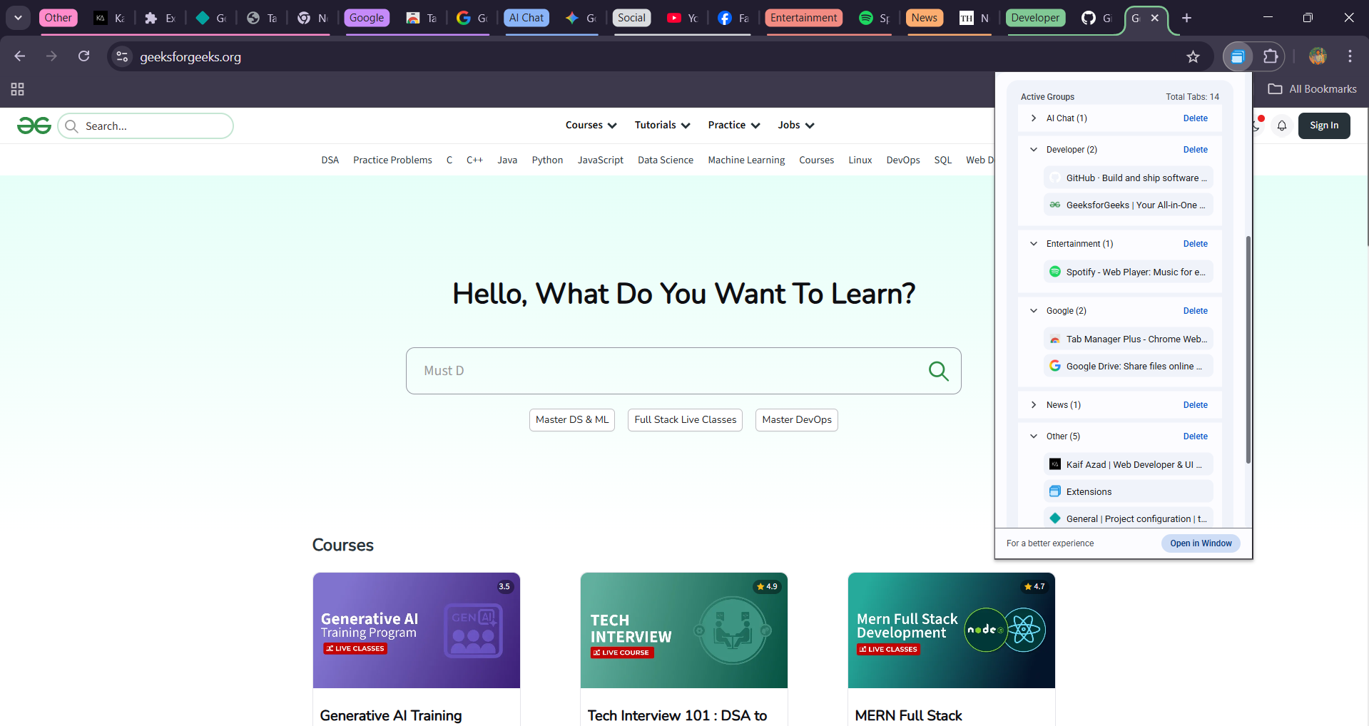Screenshot of the Tab Manager Plus dark mode