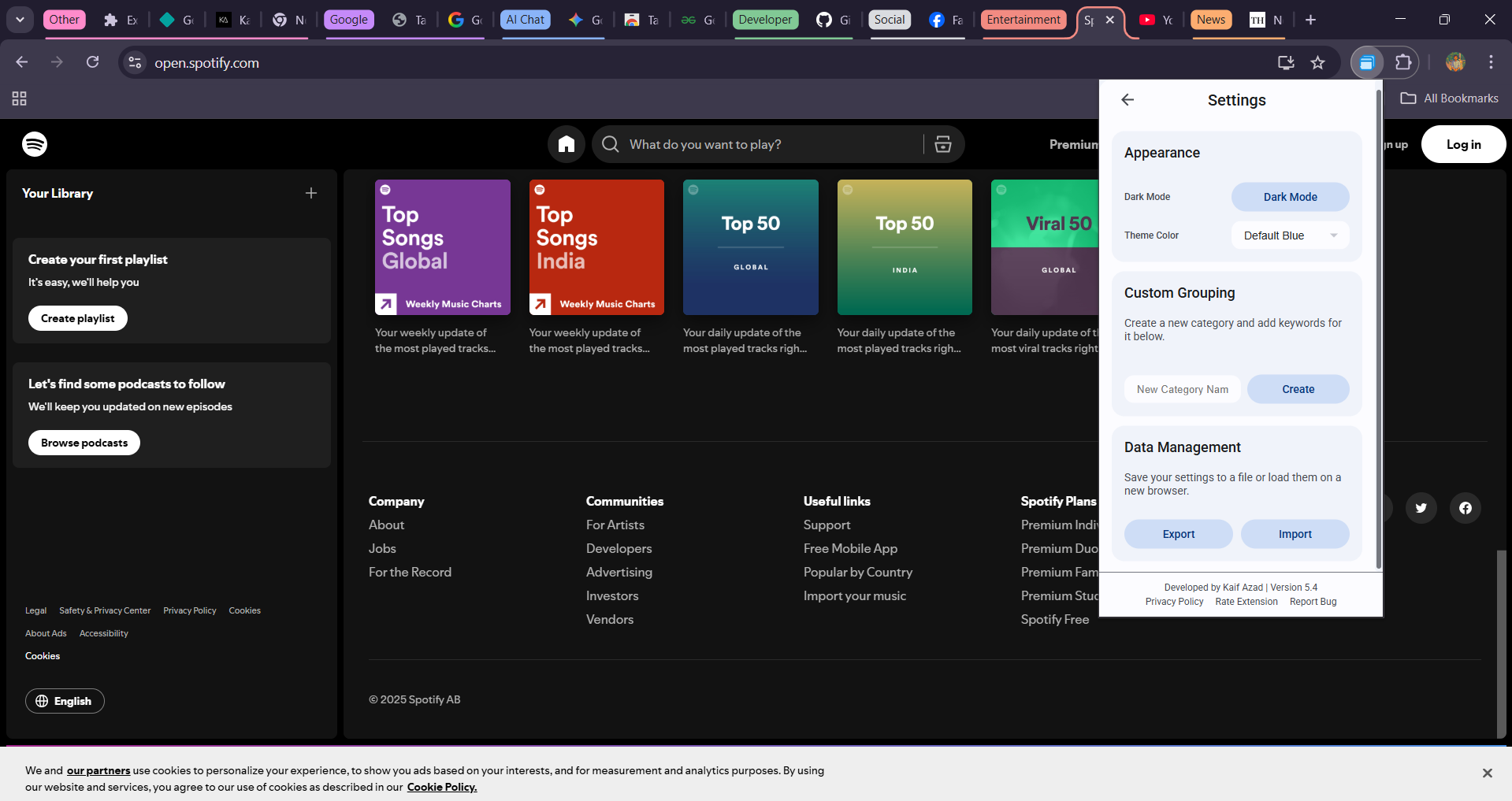 Screenshot of the settings page